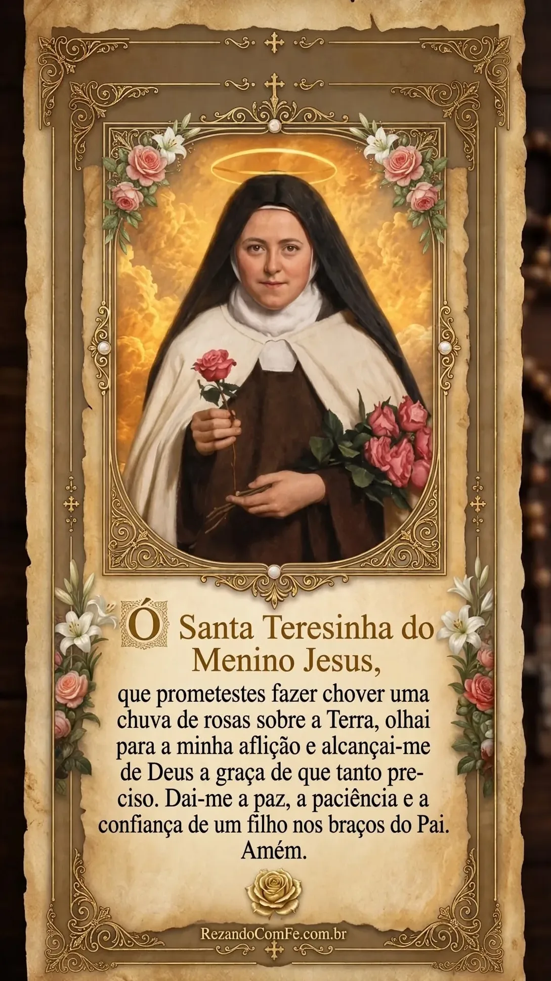 Santinho para compartilhar com oração a Santa Teresinha do Menino Jesus.